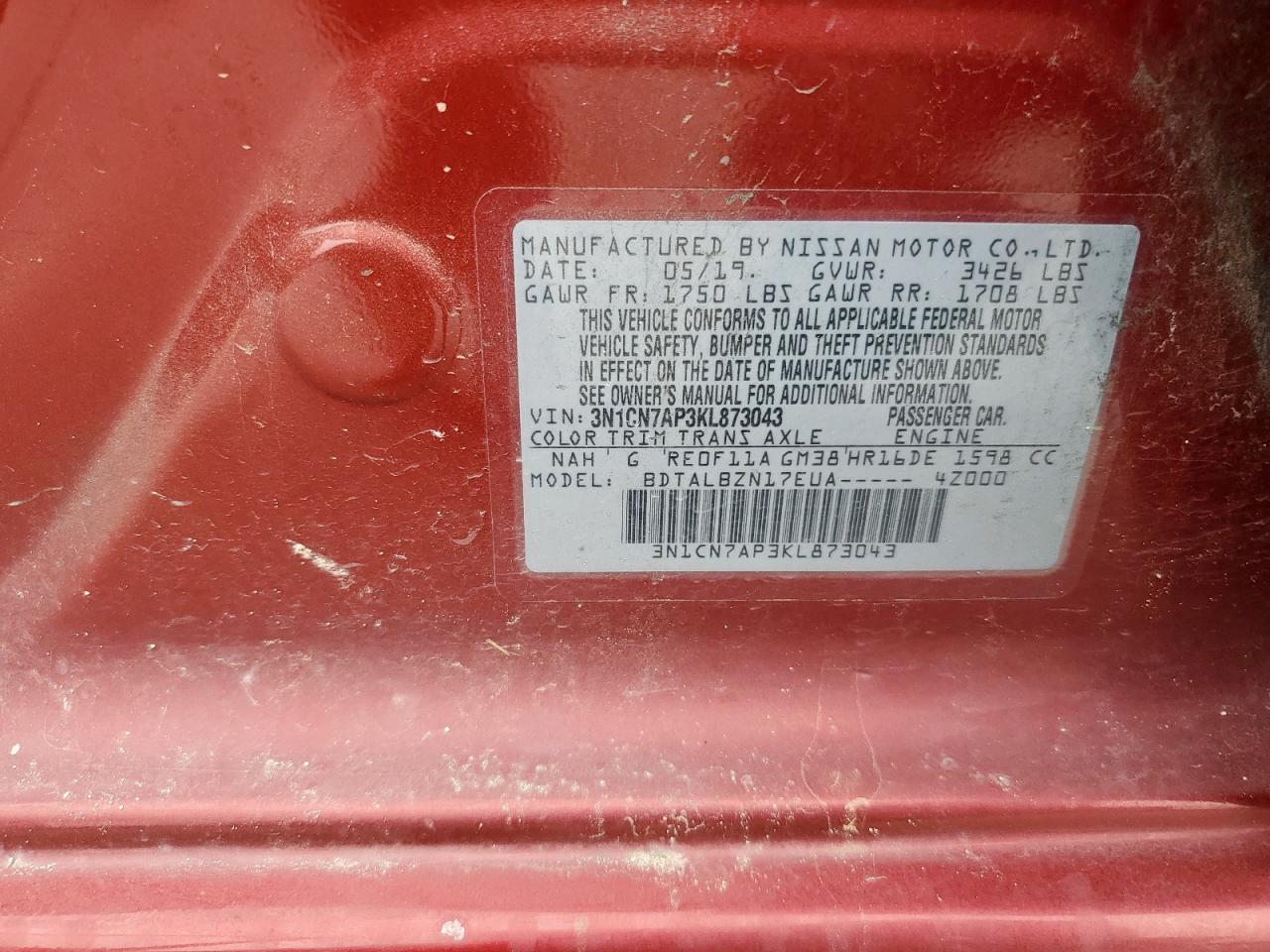 3N1CN7AP3KL873043 NISSAN VERSA 2019