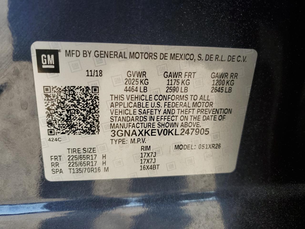 3GNAXKEV0KL247905 CHEVROLET EQUINOX 2019