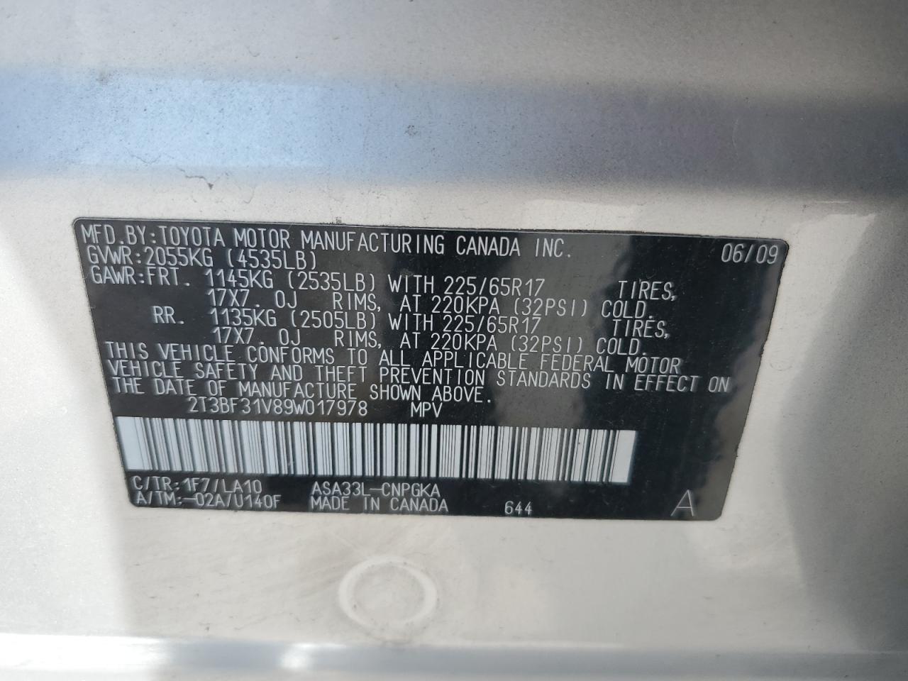 2009 Toyota Rav4 Limited VIN: 2T3BF31V89W017978 Lot: 53620615