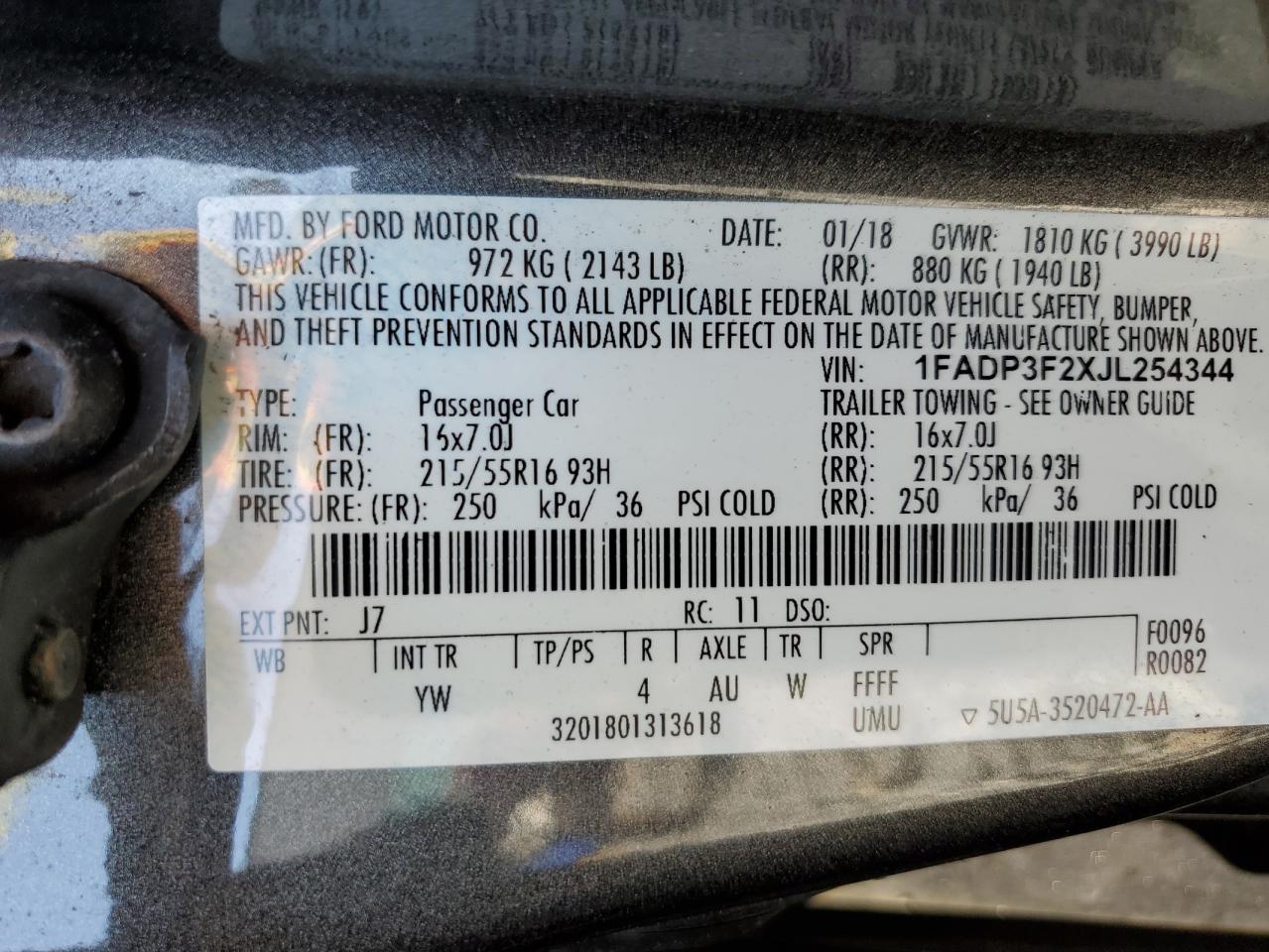 1FADP3F2XJL254344 FORD FOCUS 2018