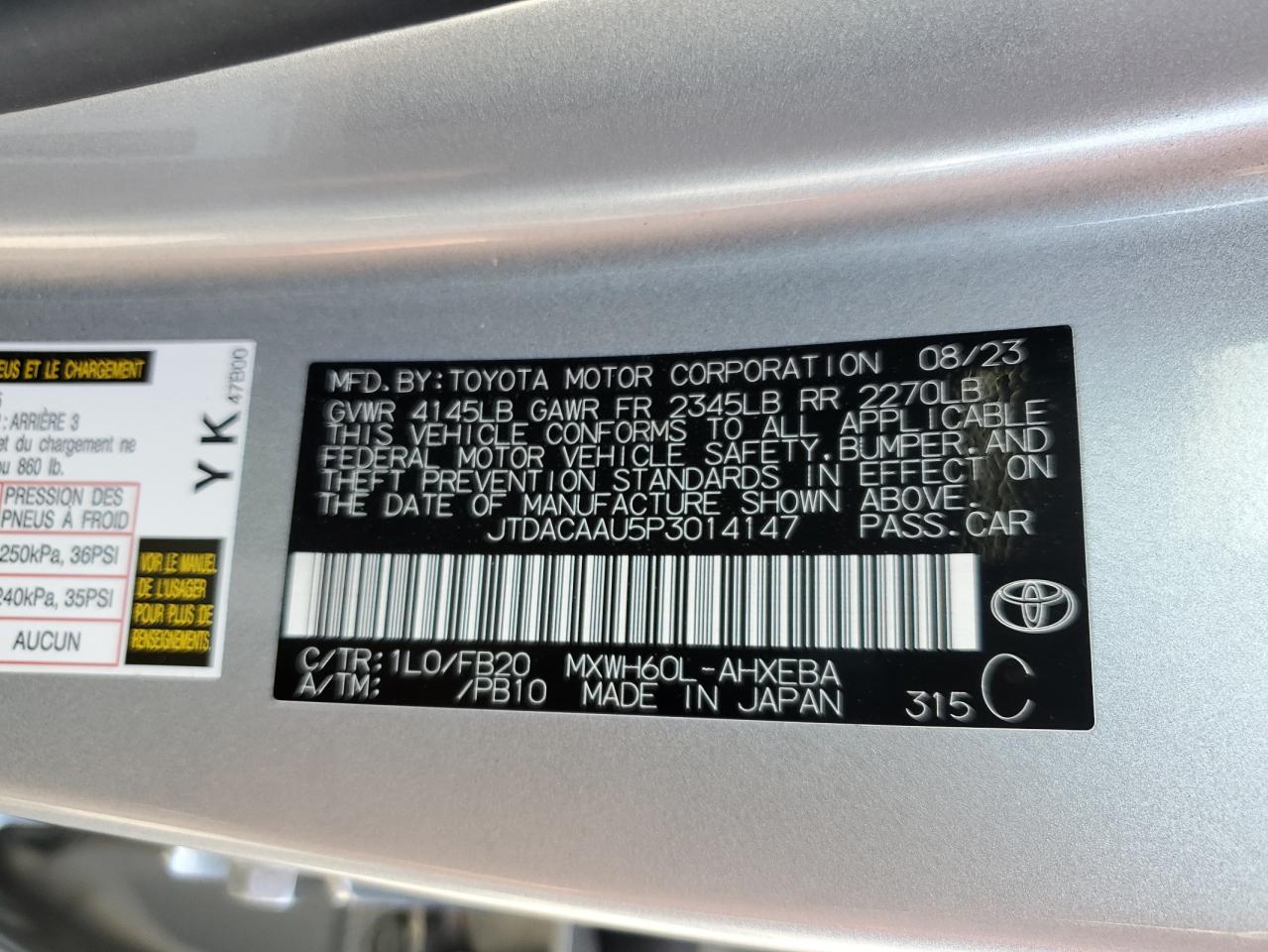 JTDACAAU5P3014147 TOYOTA PRIUS 2023