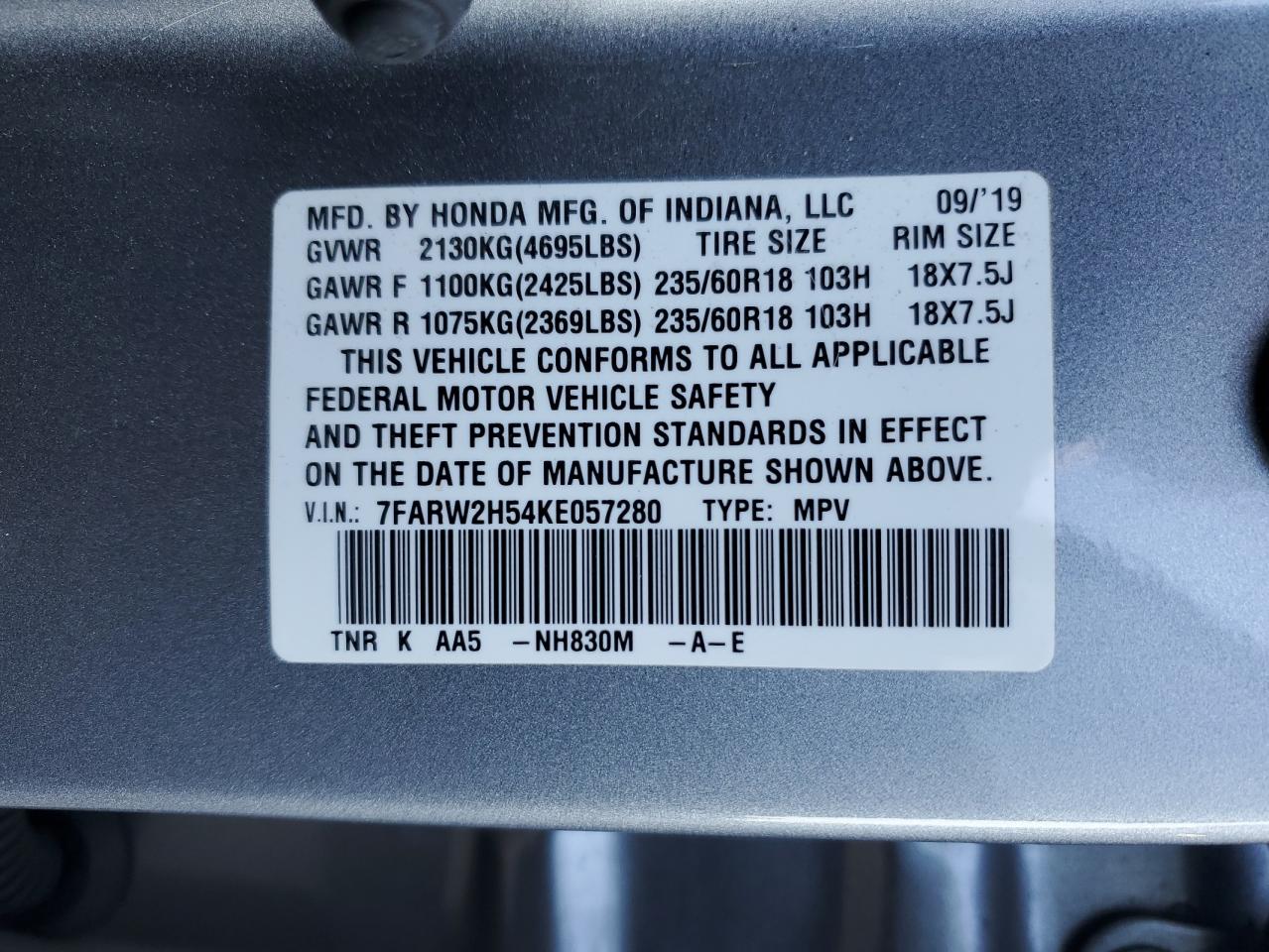 7FARW2H54KE057280 HONDA CRV 2019