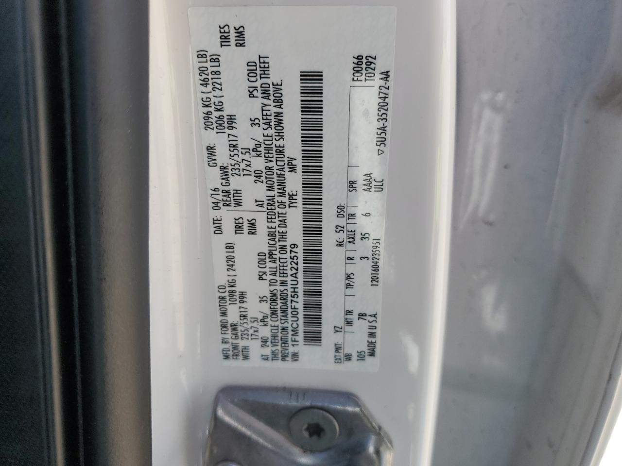 1FMCU0F75HUA22579 FORD ESCAPE 2017