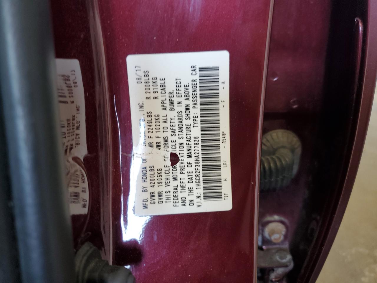 1HGCR2F38HA277826 HONDA ACCORD 2017