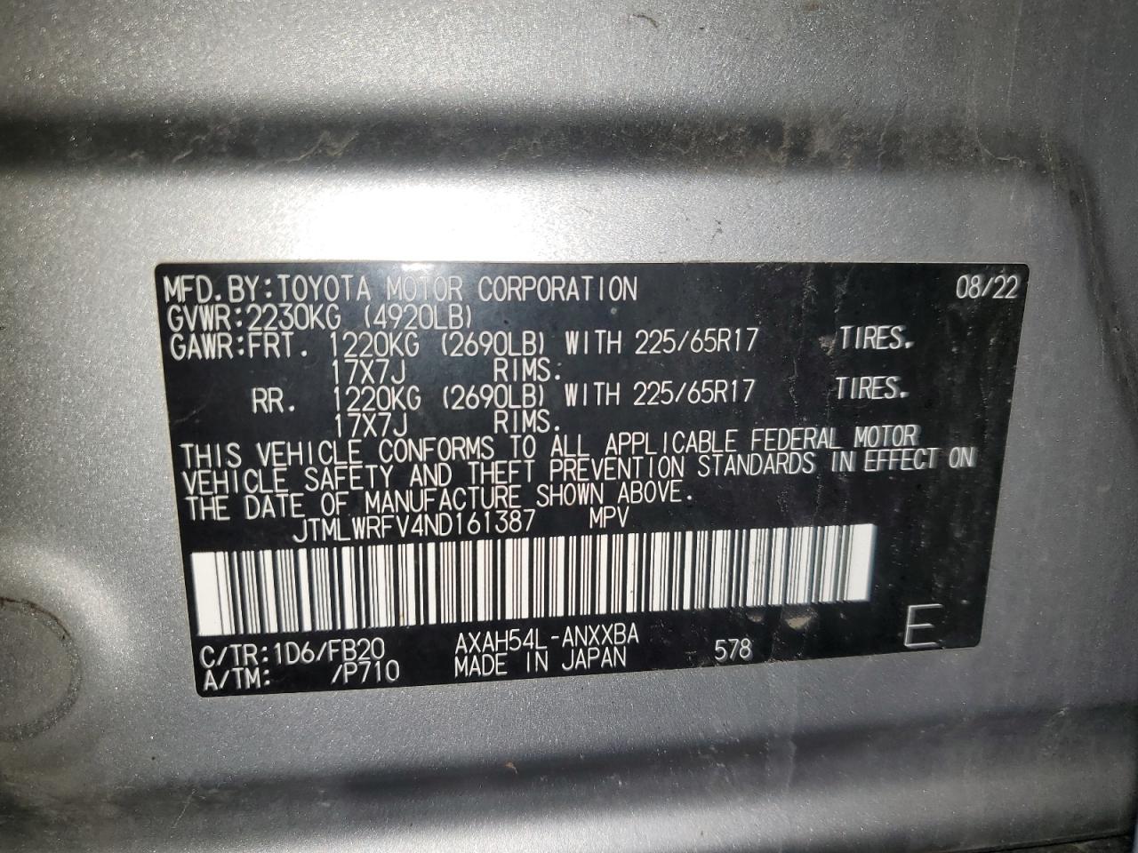 JTMLWRFV4ND161387 TOYOTA RAV4 2022