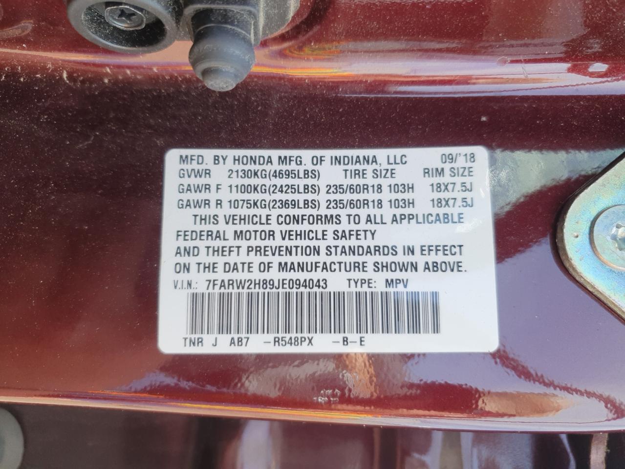 7FARW2H89JE094043 HONDA CRV 2018
