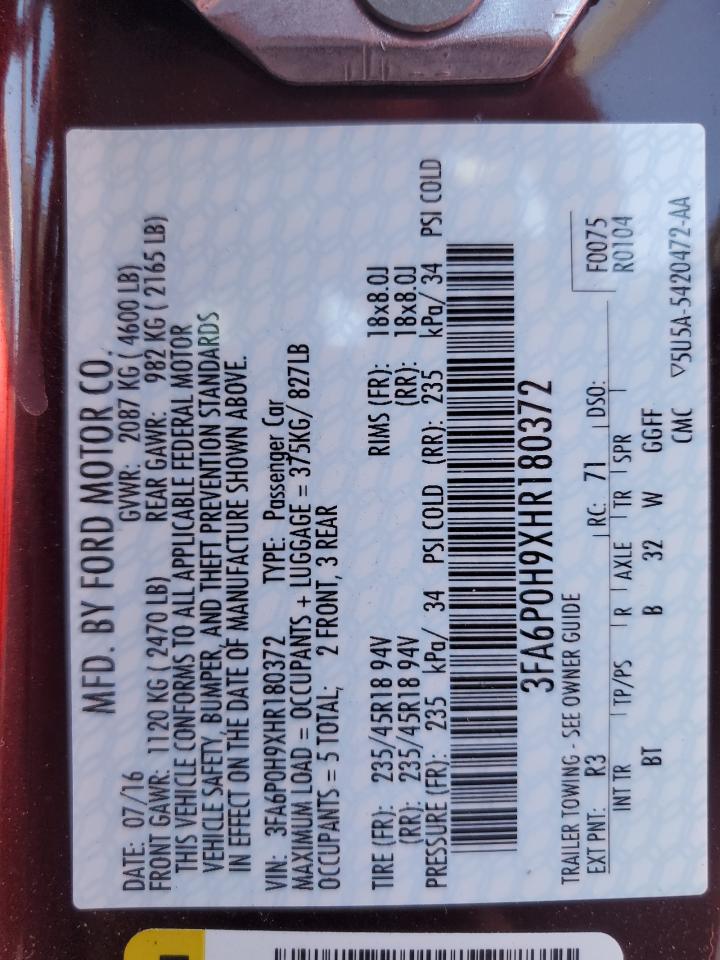 3FA6P0H9XHR180372 FORD FUSION 2017