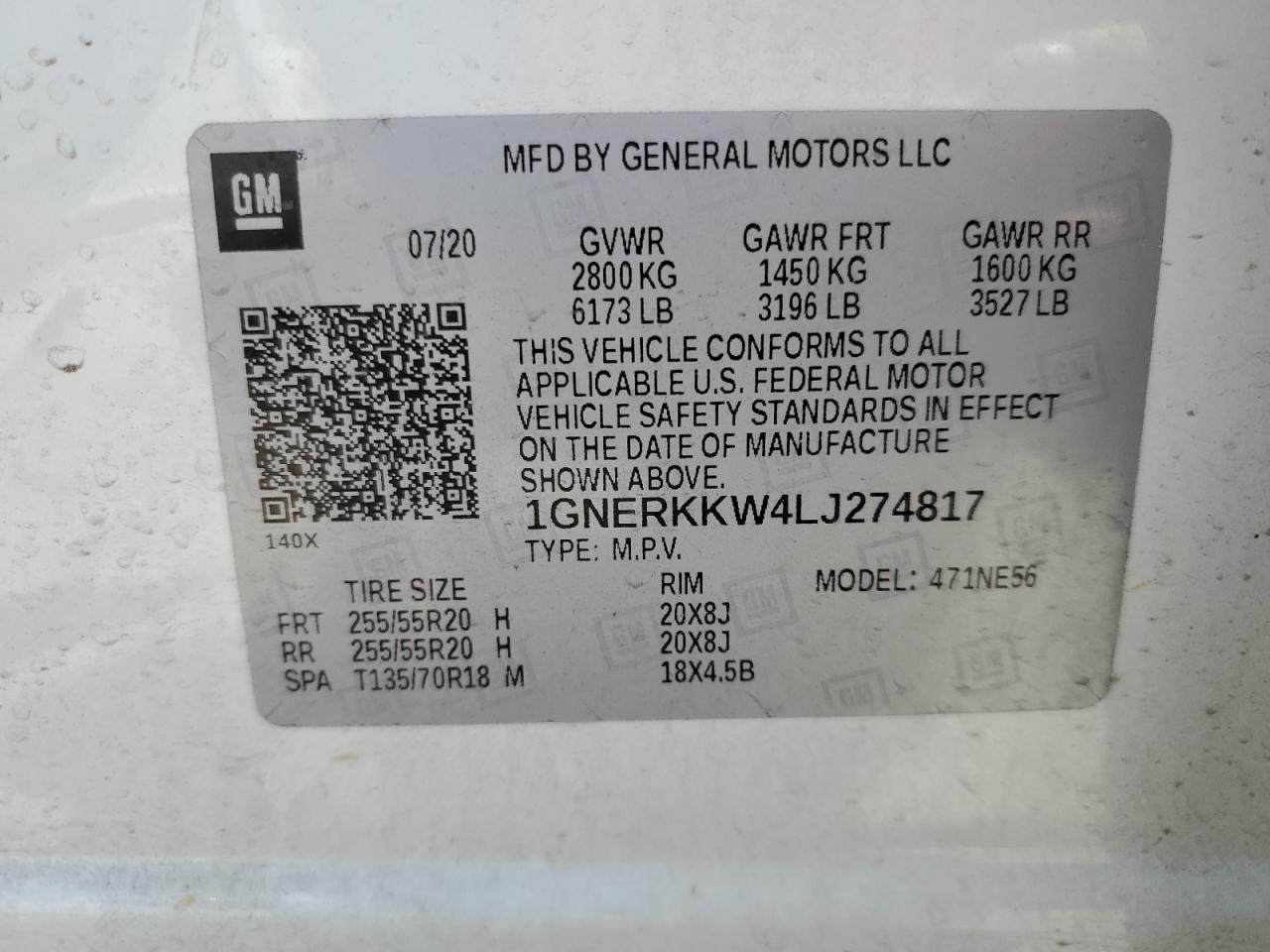 1GNERKKW4LJ274817 CHEVROLET TRAVERSE 2020