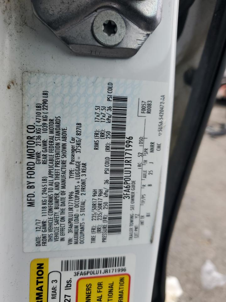 2018 Ford Fusion Se Hybrid VIN: 3FA6P0LU1JR171996 Lot: 54033485