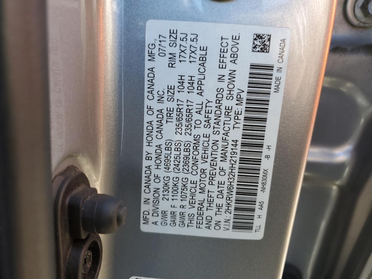 2HKRW6H32HH219144 HONDA CRV 2017