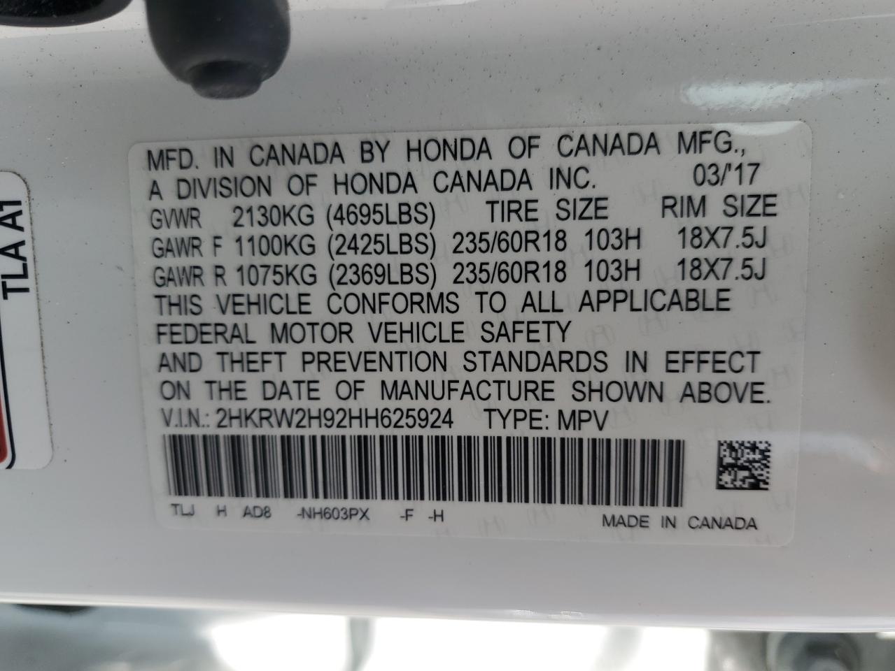 2HKRW2H92HH625924 HONDA CRV 2017