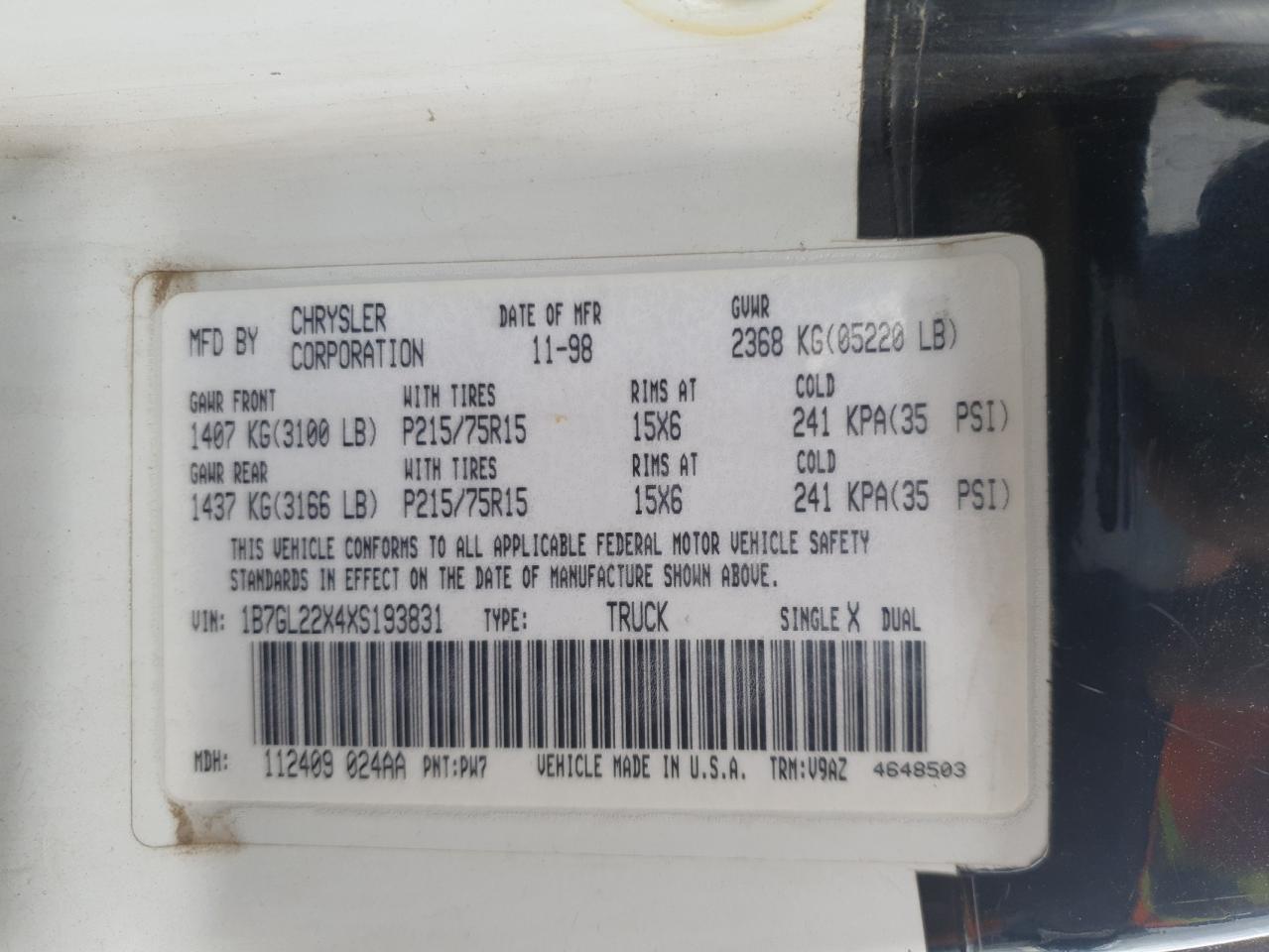 1999 Dodge Dakota VIN: 1B7GL22X4XS193831 Lot: 54602285