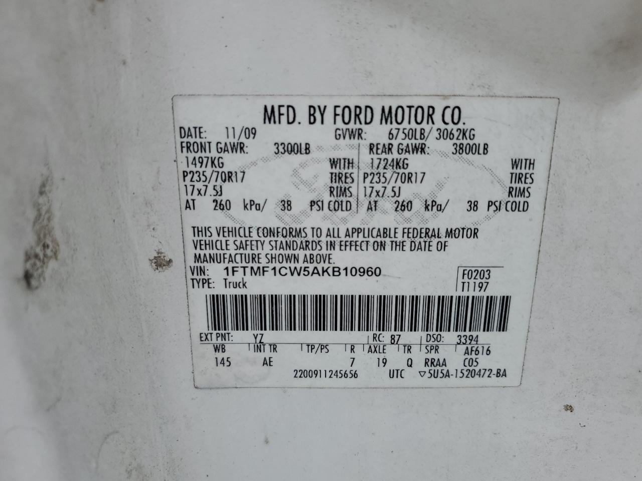 2010 Ford F150 VIN: 1FTMF1CW5AKB10960 Lot: 50548935