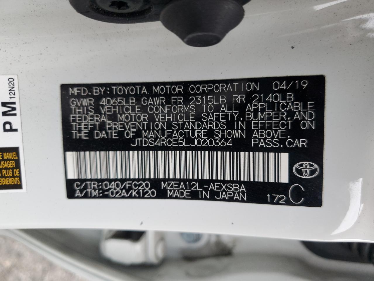 JTDS4RCE5LJ020364 TOYOTA COROLLA 2020