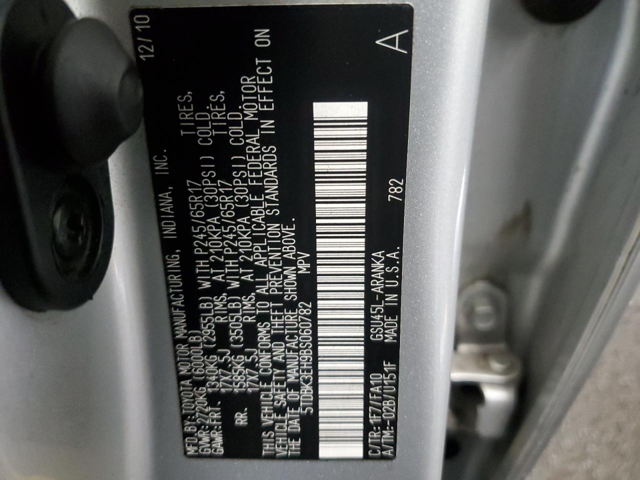 2011 Toyota Highlander Base VIN: 5TDBK3EH9BS060782 Lot: 51367995