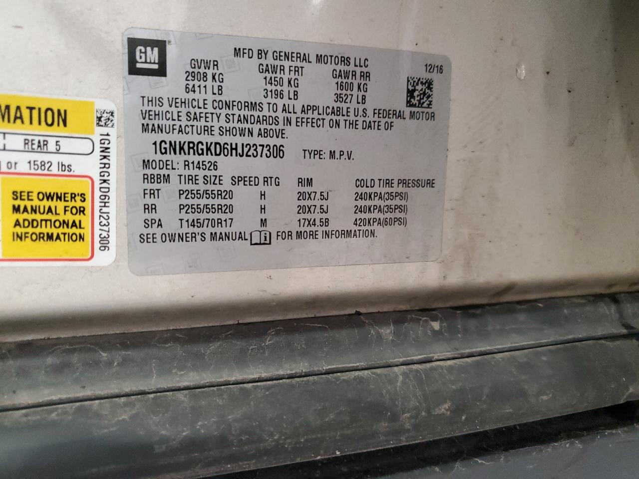 1GNKRGKD6HJ237306 CHEVROLET TRAVERSE 2017