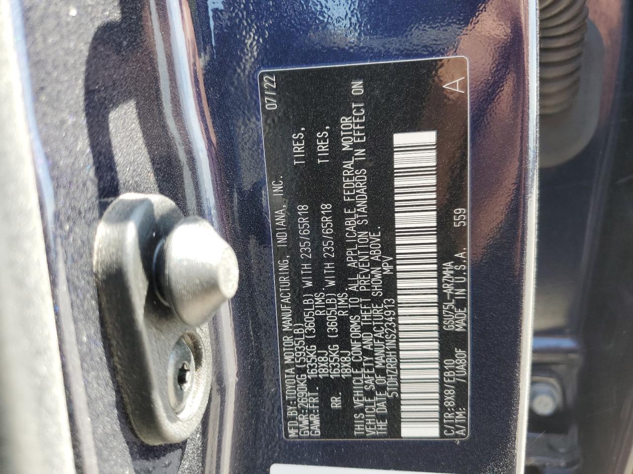 2022 Toyota Highlander Xle VIN: 5TDHZRBH1NS234913 Lot: 51845045