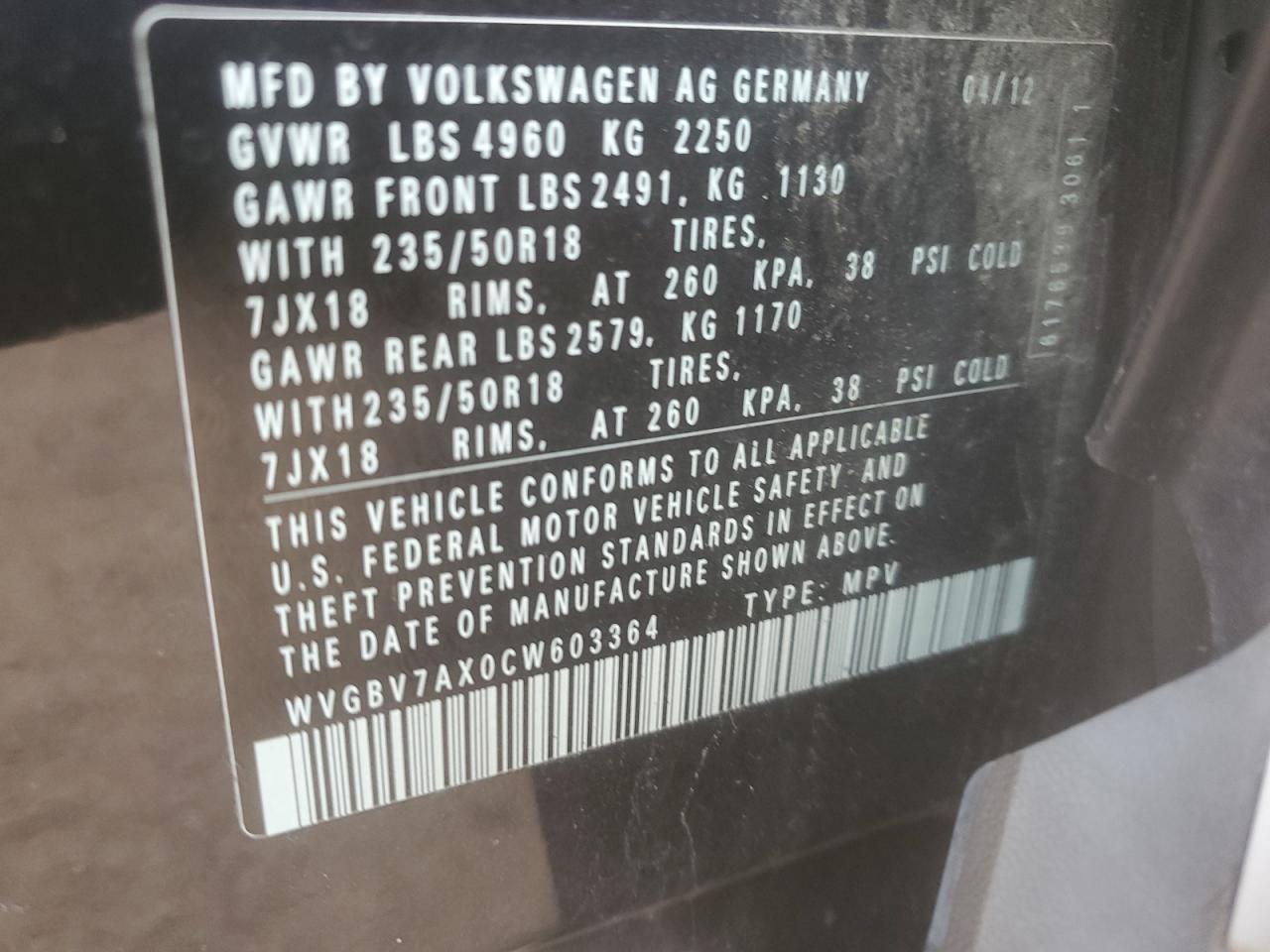2012 Volkswagen Tiguan S VIN: WVGBV7AX0CW603364 Lot: 55048885