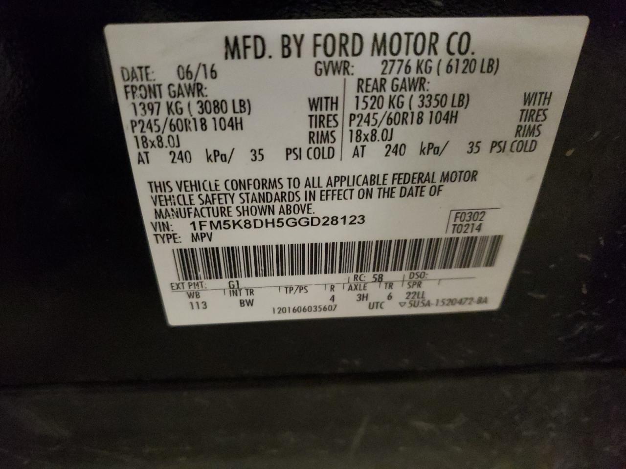 1FM5K8DH5GGD28123 FORD EXPLORER 2016