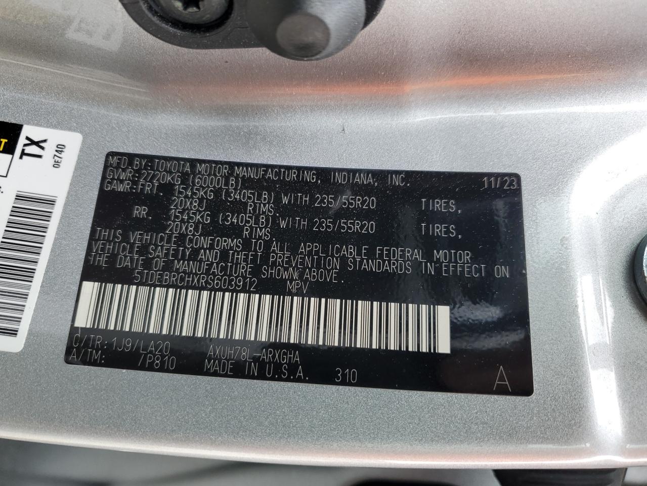 5TDEBRCHXRS603912 TOYOTA HIGHLANDER 2024