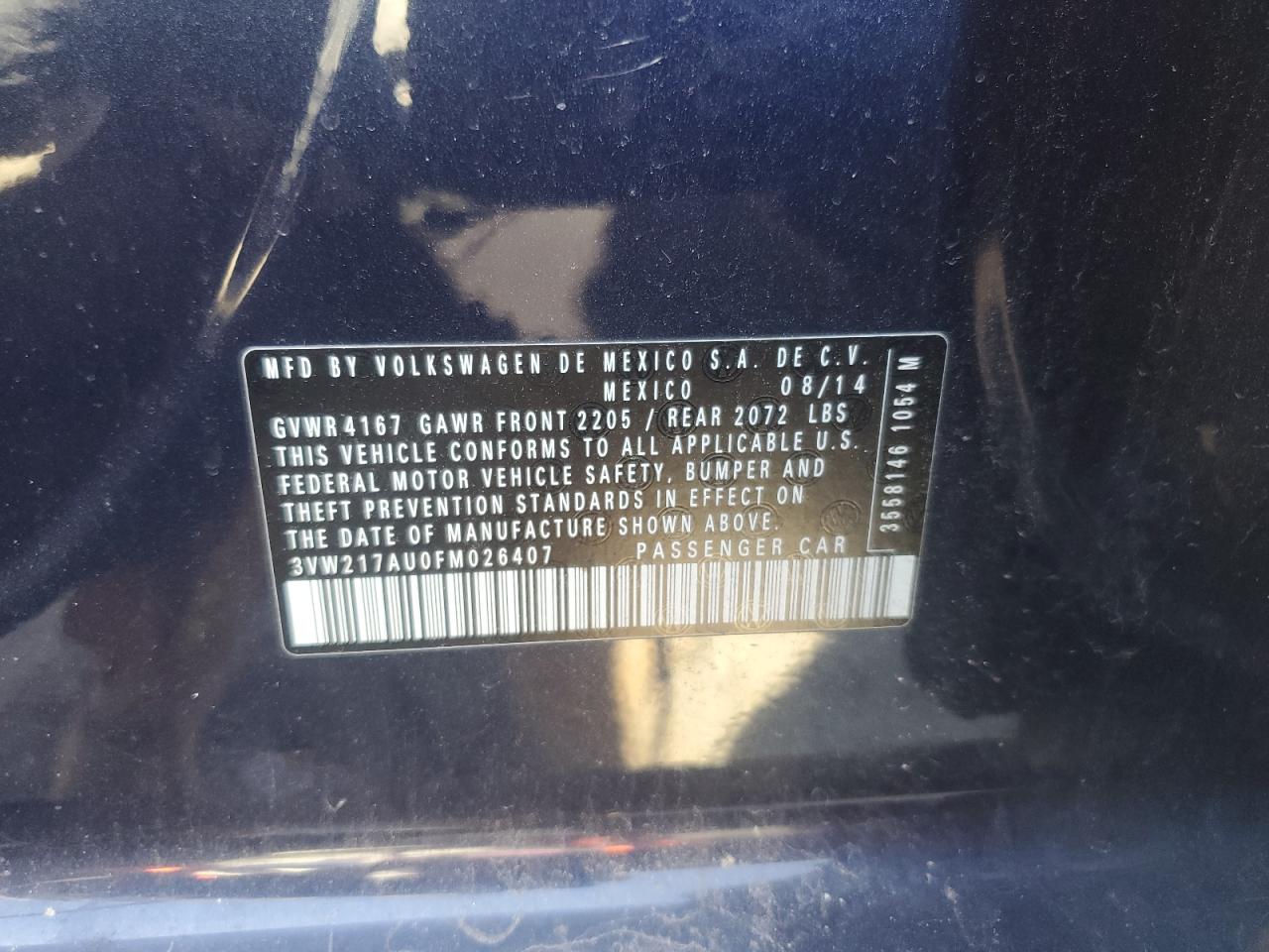 2015 Volkswagen Golf VIN: 3VW217AU0FM026407 Lot: 55317745