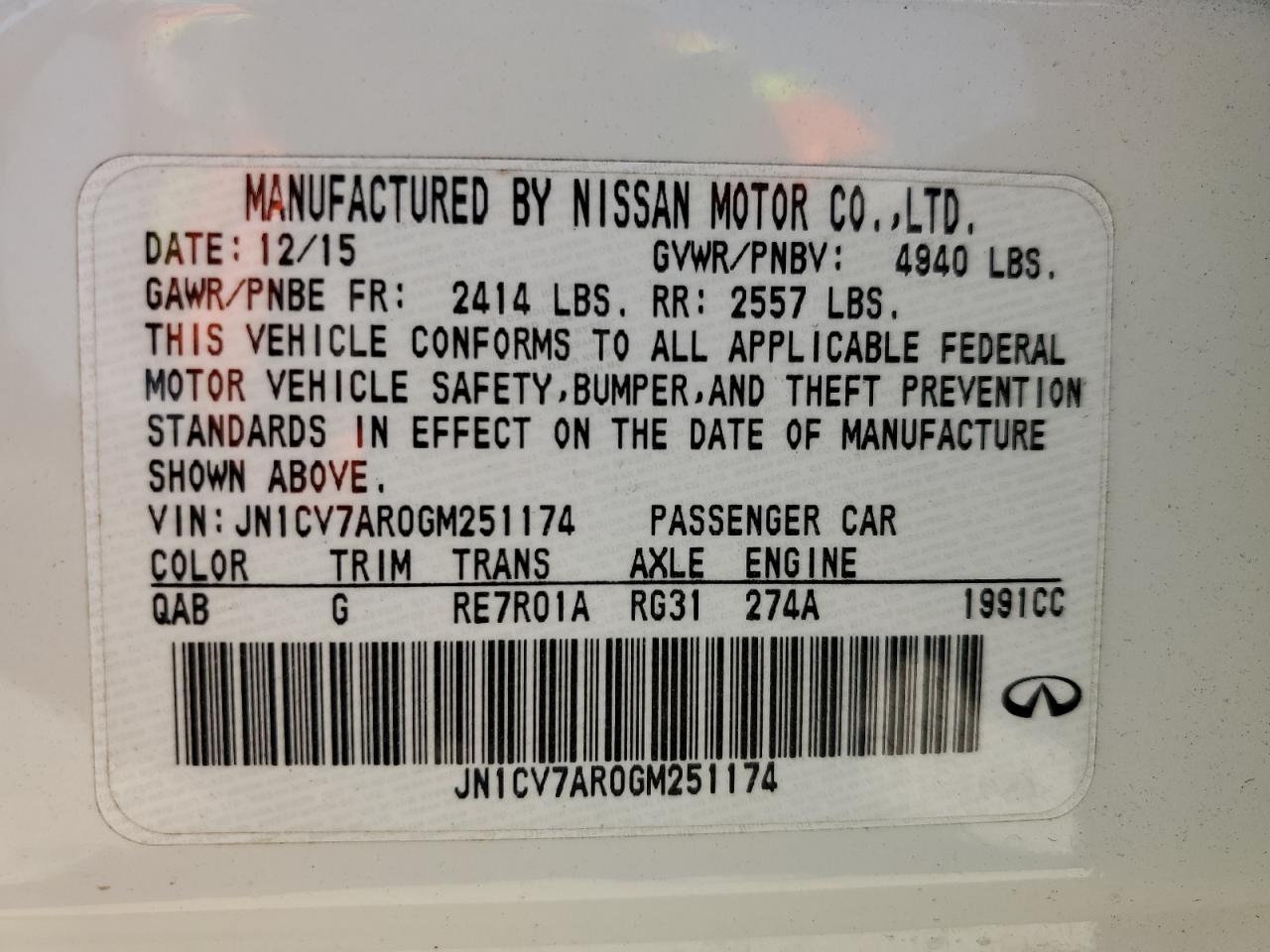 2016 Infiniti Q50 Base VIN: JN1CV7AR0GM251174 Lot: 52073685