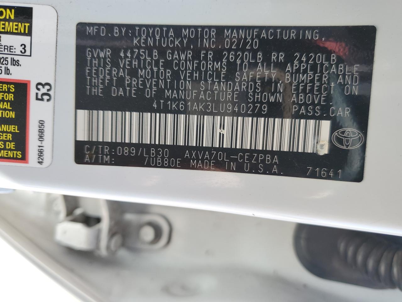 2020 Toyota Camry Xse VIN: 4T1K61AK3LU940279 Lot: 54777835