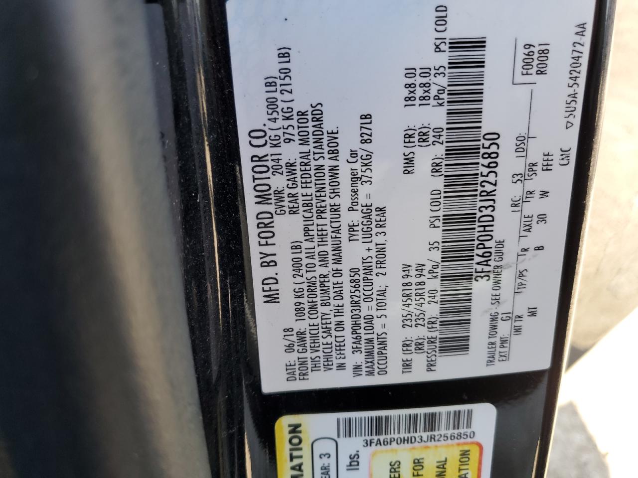 3FA6P0HD3JR256850 FORD FUSION 2018