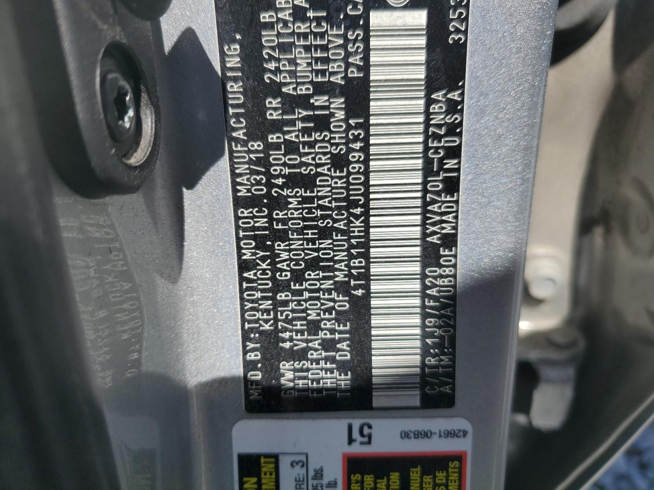 4T1B11HK4JU099431 TOYOTA CAMRY 2018