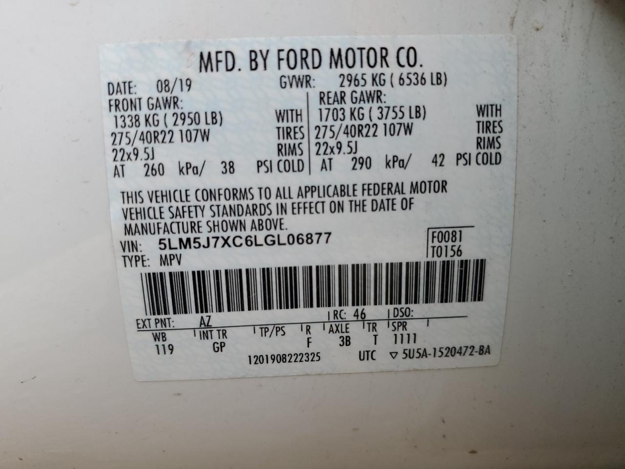2020 Lincoln Aviator Reserve VIN: 5LM5J7XC6LGL06877 Lot: 51108865