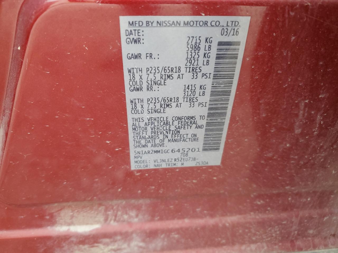 5N1AR2MM1GC645201 NISSAN PATHFINDER 2016