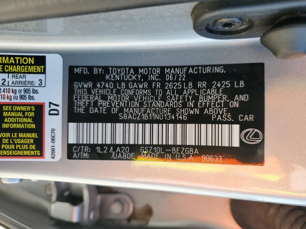 2022 Lexus Es 350 Base VIN: 58ACZ1B11NU134146 Lot: 52334795