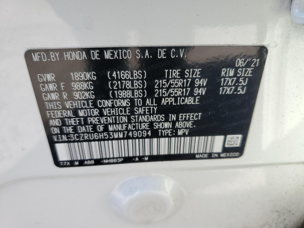 2021 Honda Hr-V Ex VIN: 3CZRU6H53MM749094 Lot: 53379305