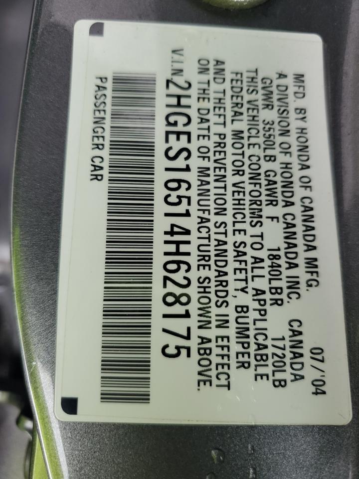 2004 Honda Civic Lx VIN: 2HGES16514H628175 Lot: 54389235