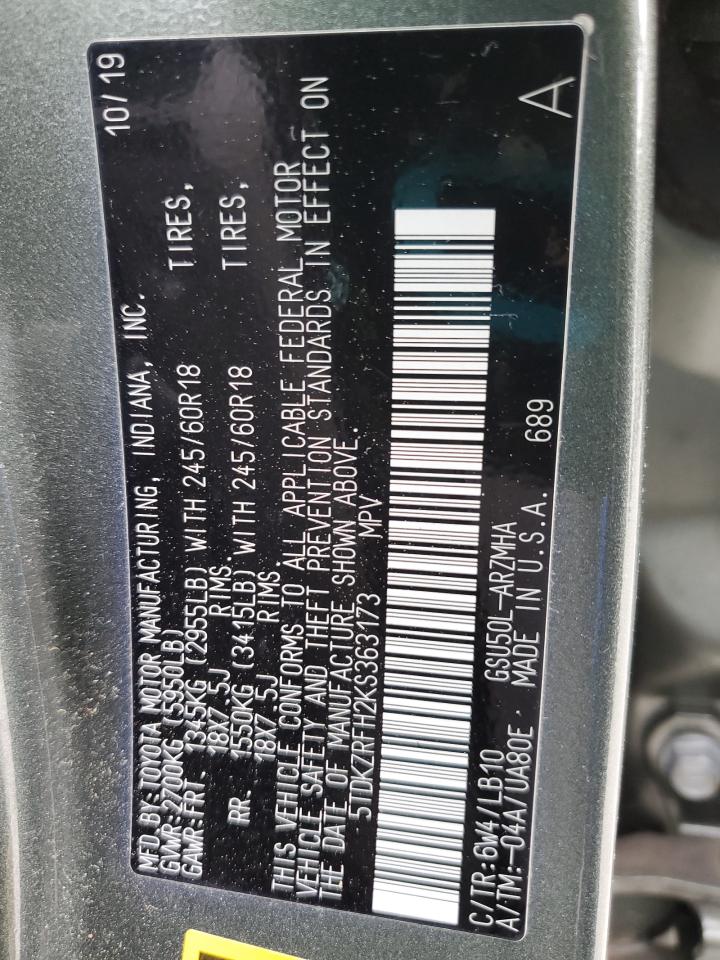 5TDKZRFH2KS363173 TOYOTA HIGHLANDER 2019