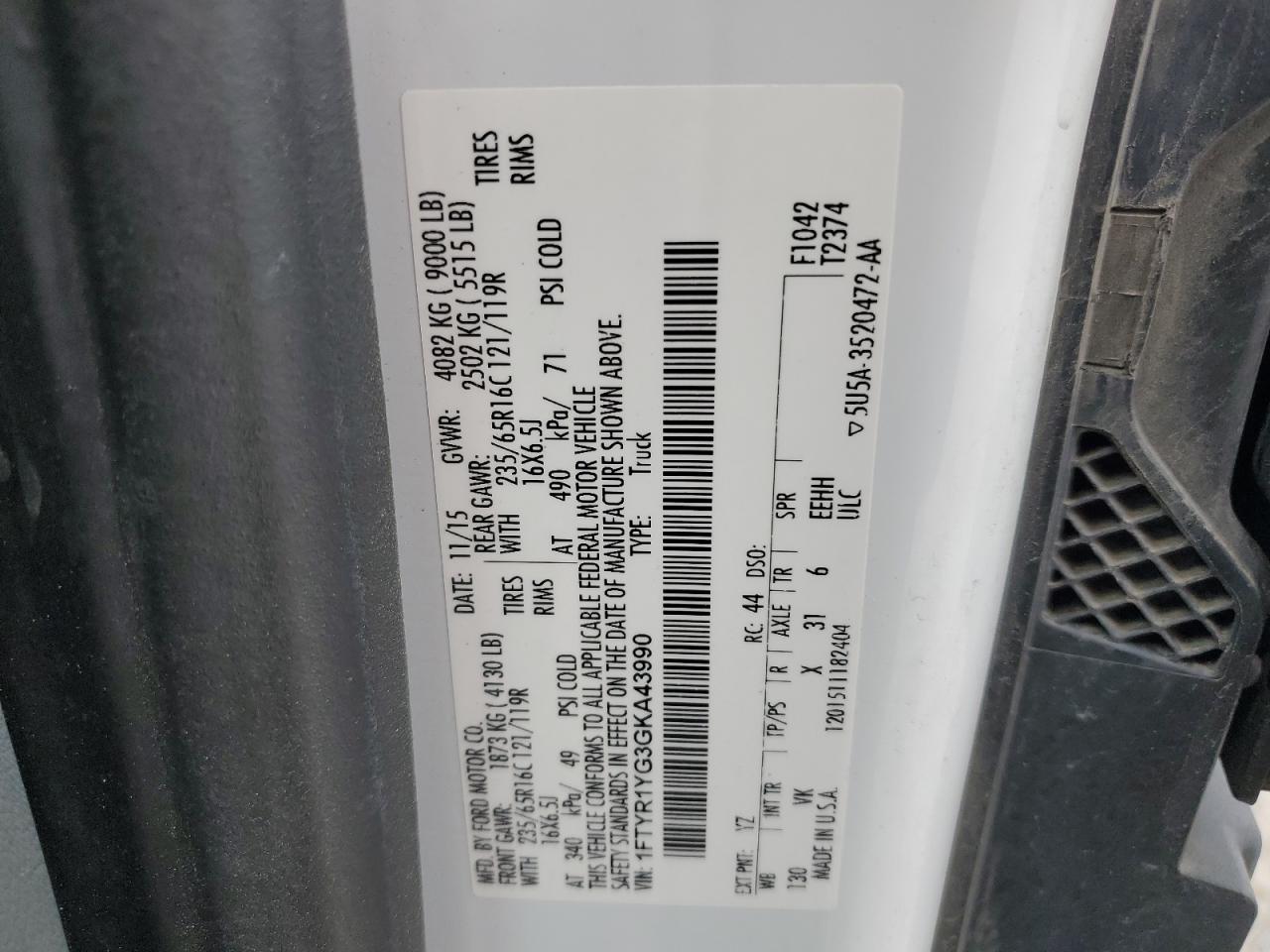 1FTYR1YG3GKA43990 FORD TRANSIT 2016