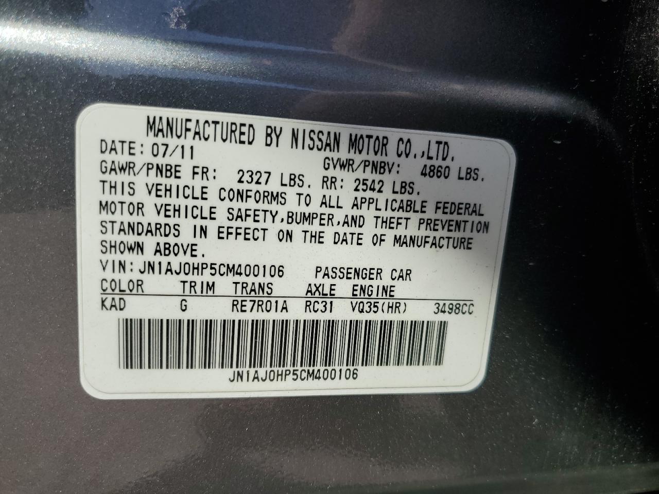 2012 Infiniti Ex35 Base VIN: JN1AJ0HP5CM400106 Lot: 54822935
