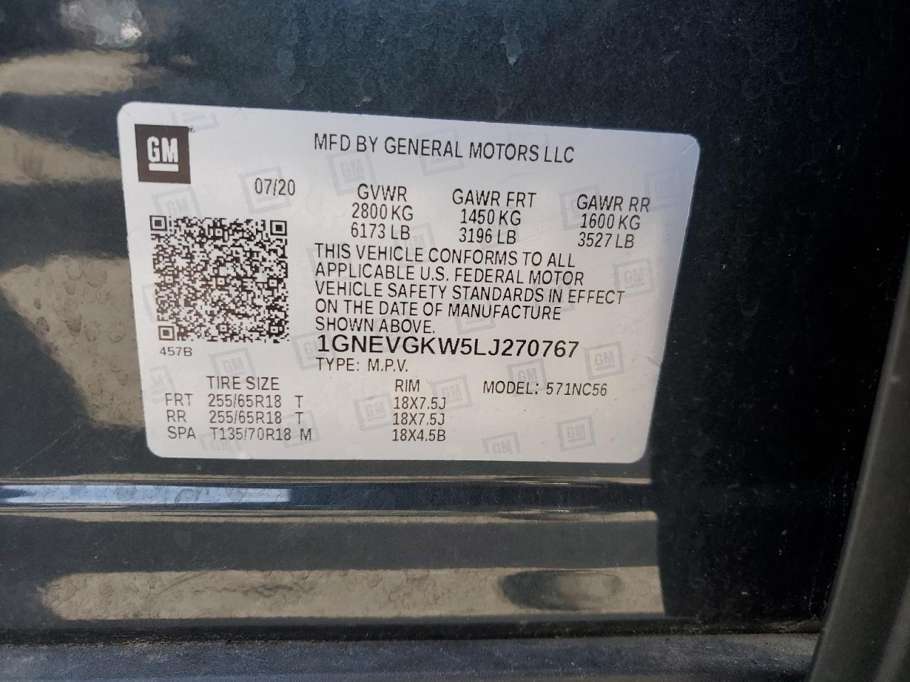 1gnevgkw5lj270767 1GNEVGKW5LJ270767 2020 Chevrolet Traverse Lt