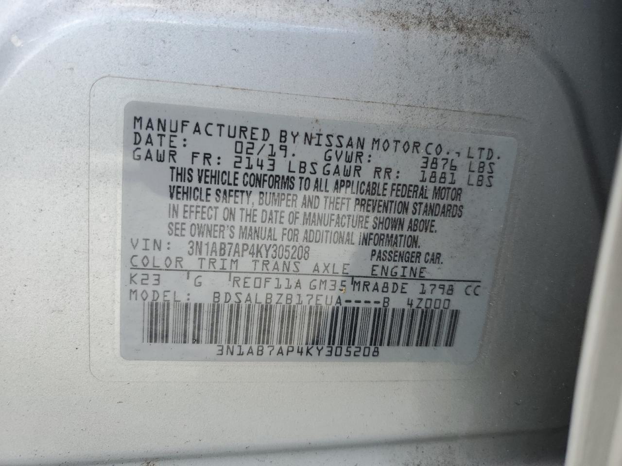 3N1AB7AP4KY305208 NISSAN SENTRA 2019