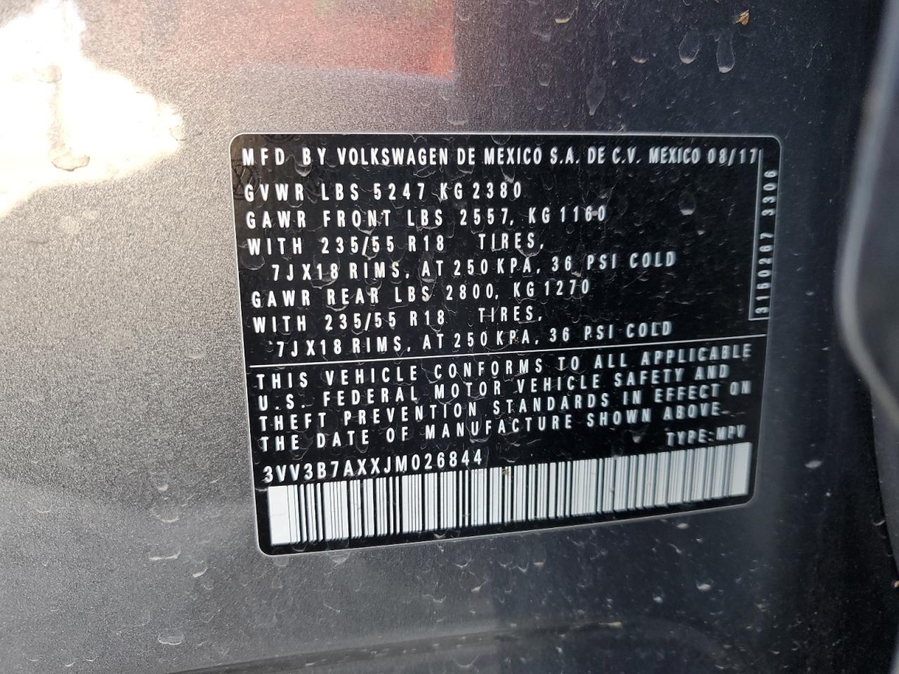 2018 Volkswagen Tiguan Se VIN: 3VV3B7AXXJM026844 Lot: 52093285