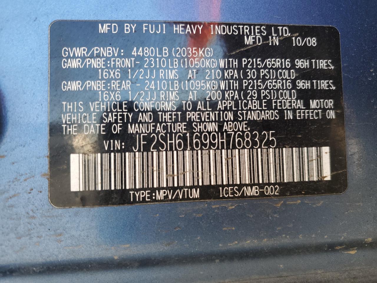 2009 Subaru Forester 2.5X VIN: JF2SH61699H768325 Lot: 52952335
