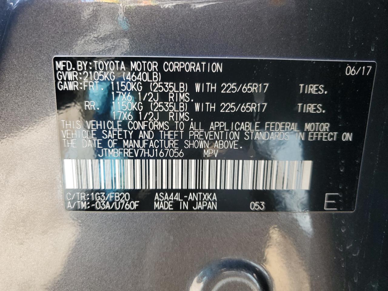 JTMBFREV7HJ167056 TOYOTA RAV4 2017
