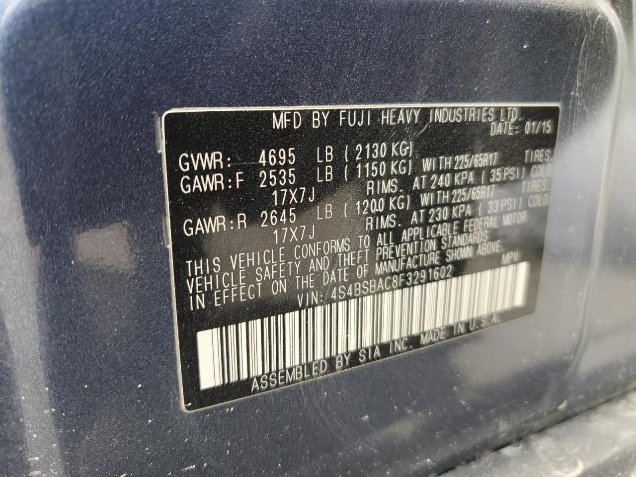 2015 Subaru Outback 2.5I VIN: 4S4BSBAC8F3291602 Lot: 53555395