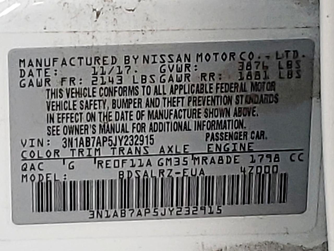 3N1AB7AP5JY232915 NISSAN SENTRA 2018