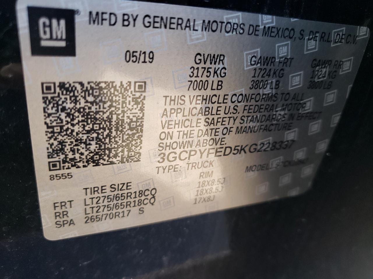 3GCPYFED5KG228337 CHEVROLET ALL Models 2019