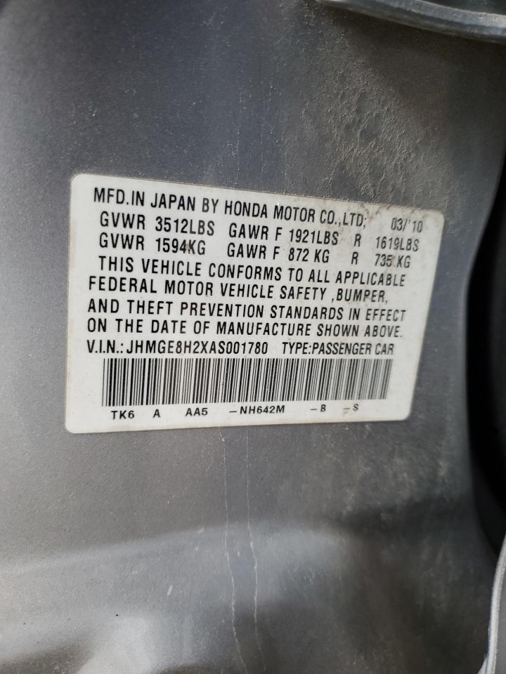 2010 Honda Fit VIN: JHMGE8H2XAS001780 Lot: 54019425