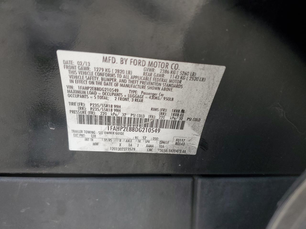 2013 Ford Taurus Sel VIN: 1FAHP2E88DG210549 Lot: 52849585