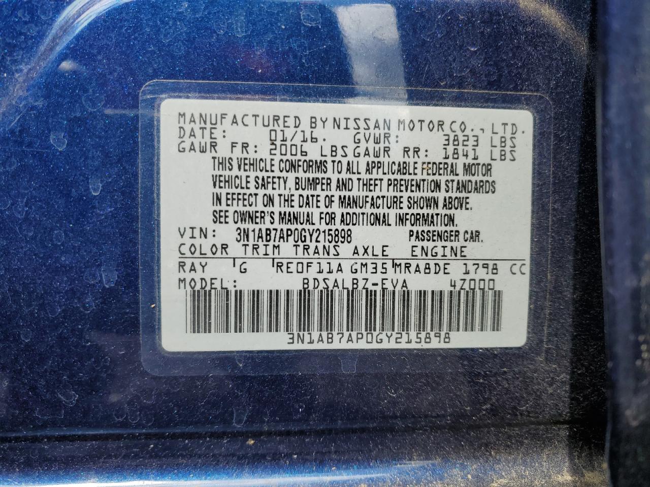 2016 Nissan Sentra S VIN: 3N1AB7AP0GY215898 Lot: 55100875