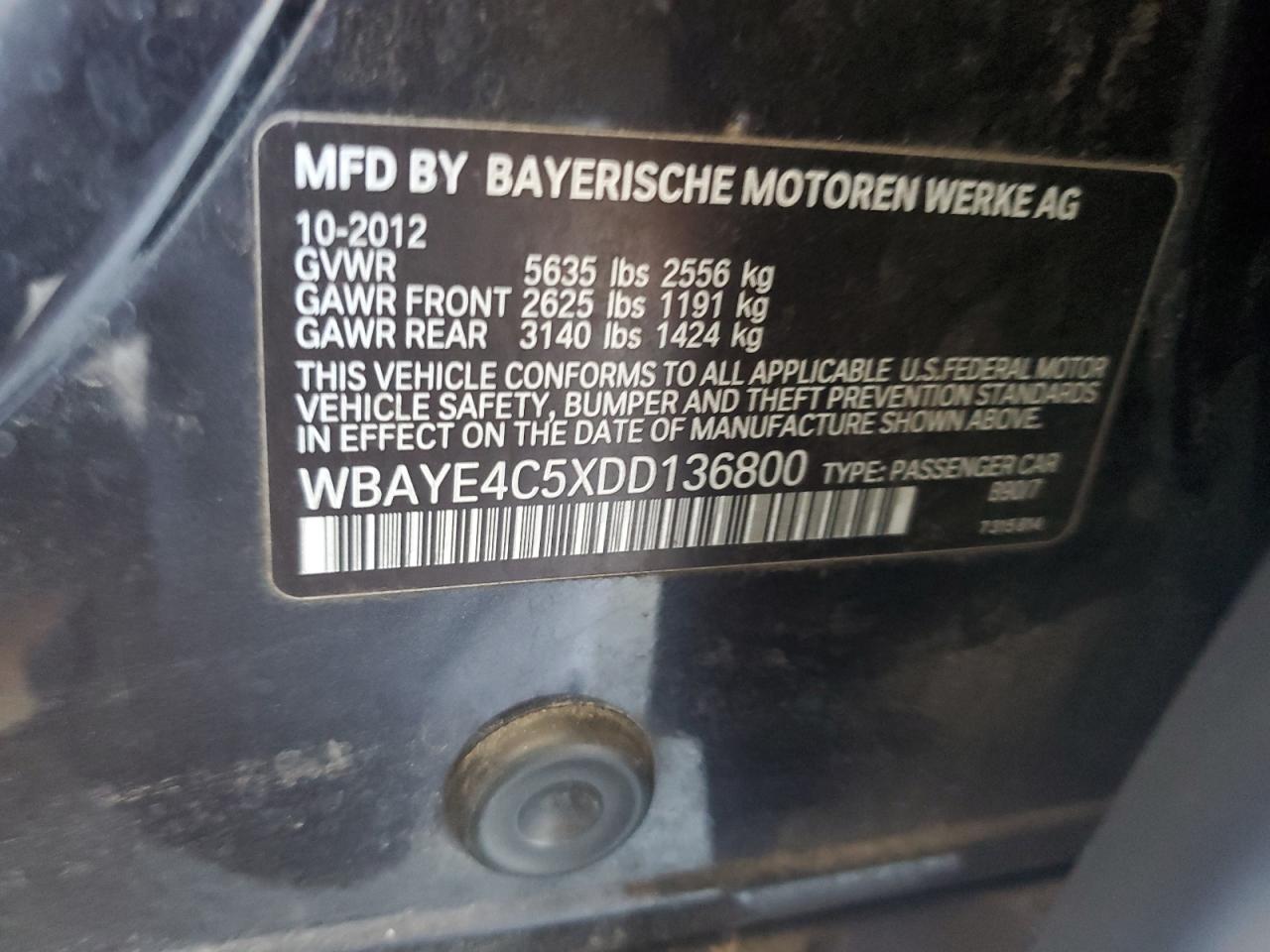 2013 BMW 740 Li VIN: WBAYE4C5XDD136800 Lot: 51966905