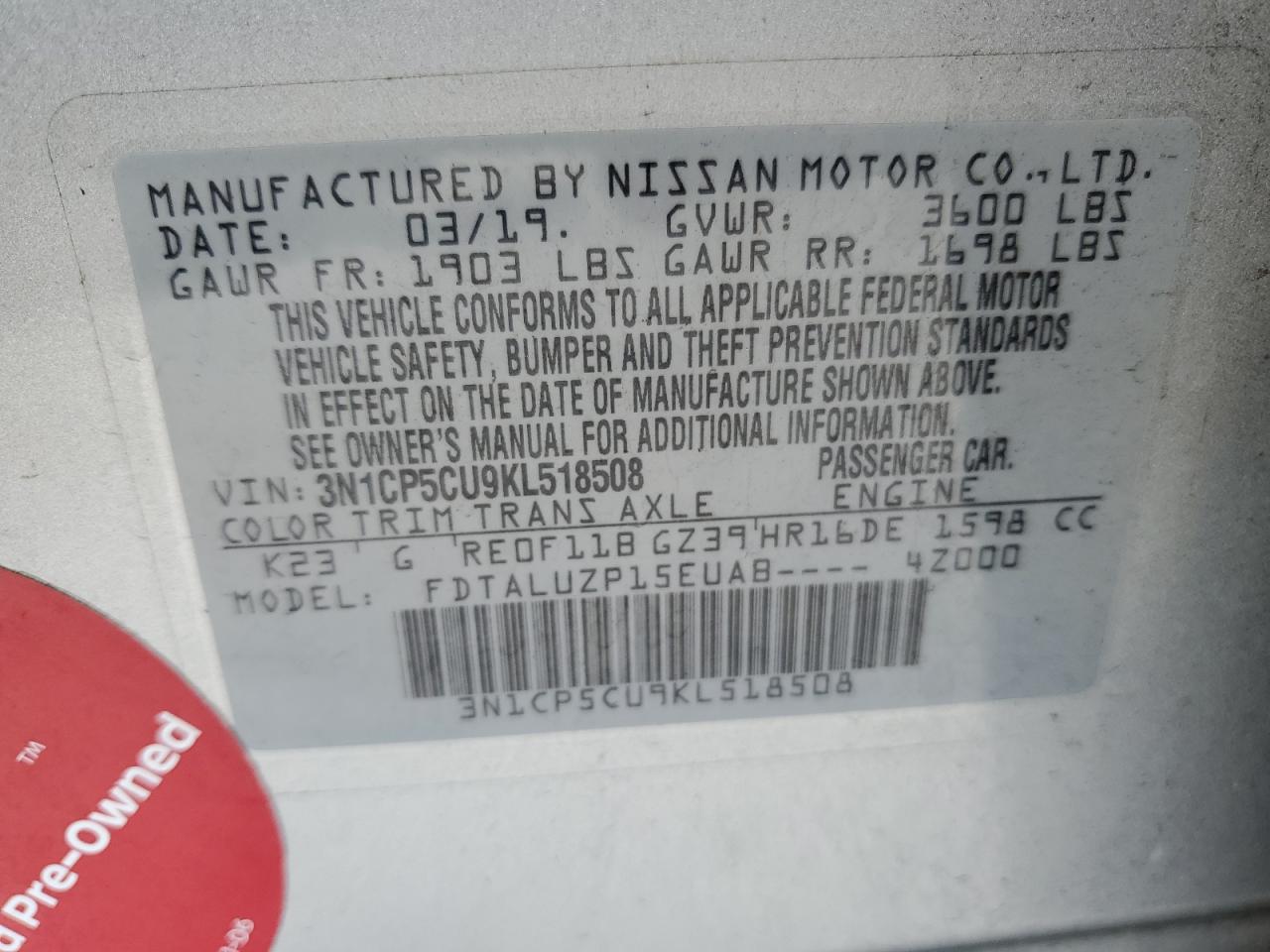 2019 Nissan Kicks S VIN: 3N1CP5CU9KL518508 Lot: 54392015